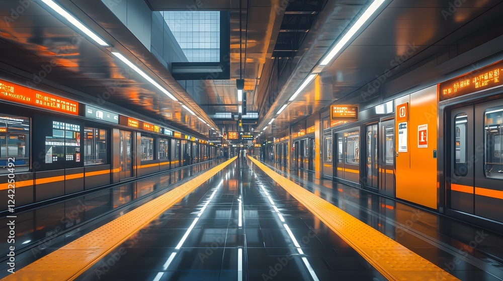 Fototapeta premium Vibrant underground subway station with glowing orange accents and reflective surfaces.