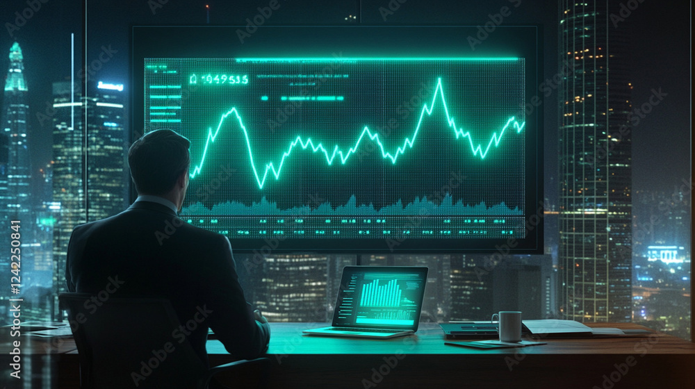 High-tech digital dashboard displaying fluctuating financial market trends in neon green, representing investment growth and economic analysis High-tech digital dashboard displaying fluctuating financial market trends in neon green, representing investment growth and economic analysis