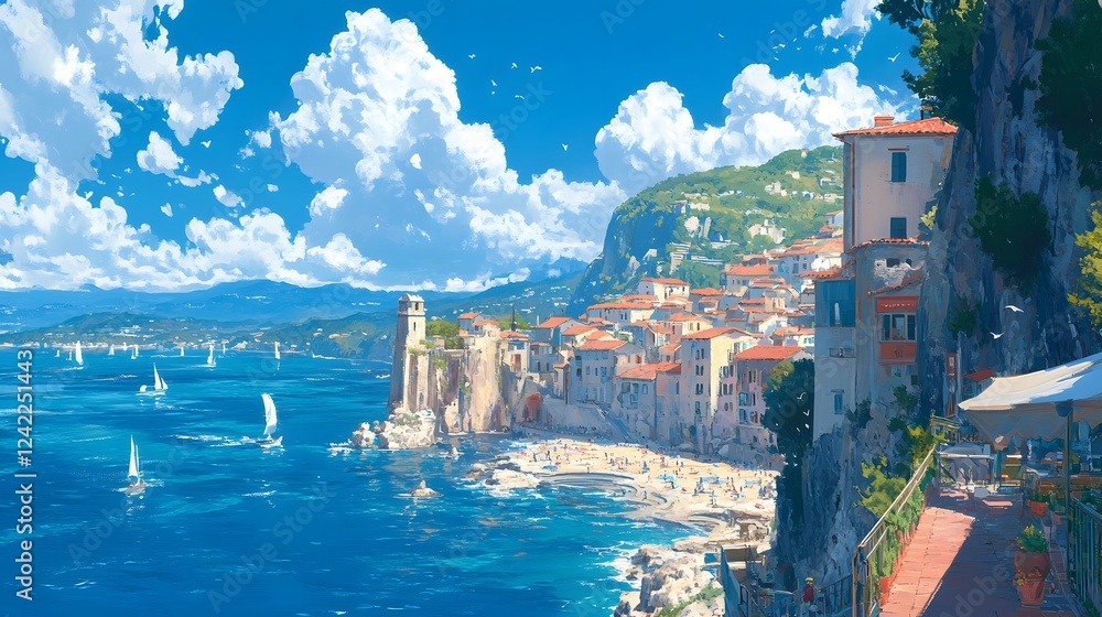 Fototapeta premium Scenic coastal village with colorful buildings and vibrant blue waters.