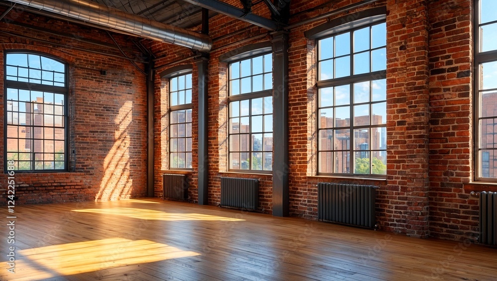 Sunlit industrial loft featuring exposed brick and large windows Sunlit industrial loft featuring exposed brick and large windows