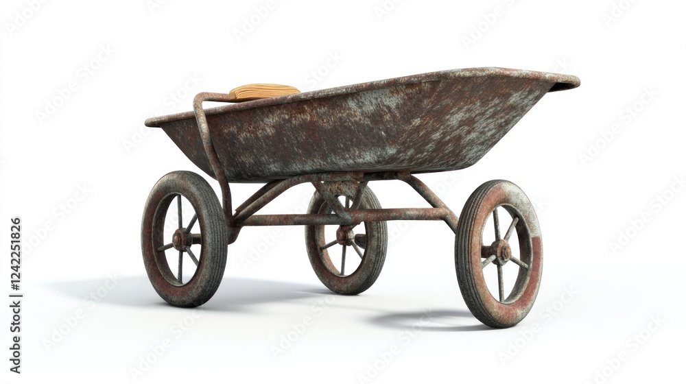 Rusty wheelbarrow, garden work, outdoor, white background, construction Rusty wheelbarrow, garden work, outdoor, white background, construction