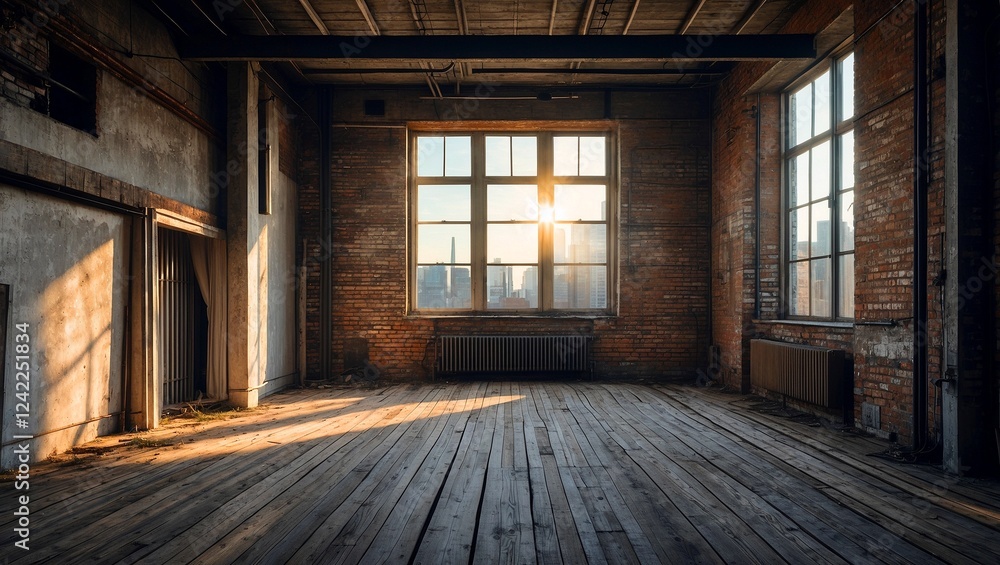 Sunlit industrial loft with weathered wooden floors Sunlit industrial loft with weathered wooden floors