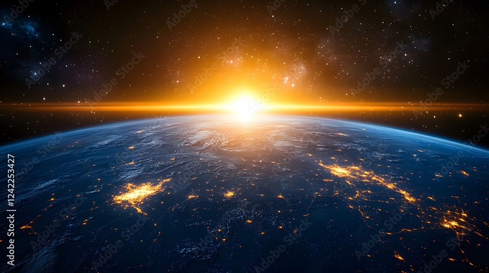 Fototapeta premium Radiant sunrise over Earth seen from space, showcasing vibrant colors and city lights.
