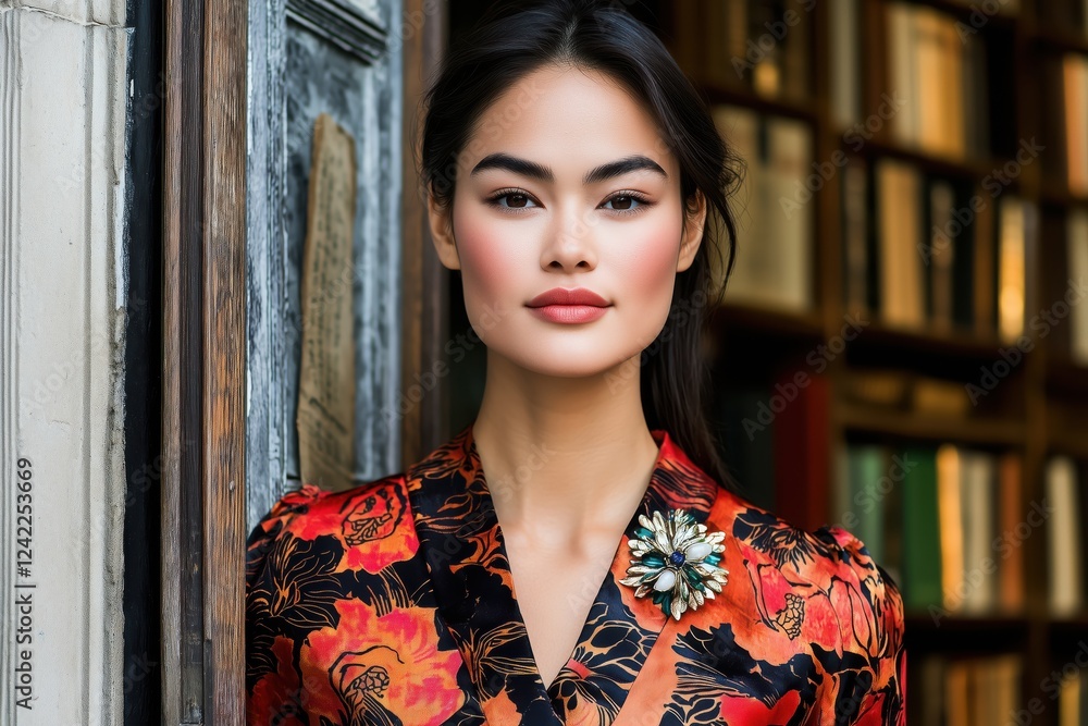 Fashion Model Posing in Floral Print Jacket with Brooch in a Library Setting with Shelves of Books in the Background Fashion Model Posing in Floral Print Jacket with Brooch in a Library Setting with Shelves of Books in the Background