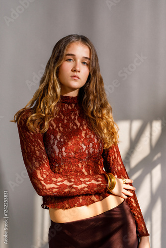 Young model poses in lace top photo