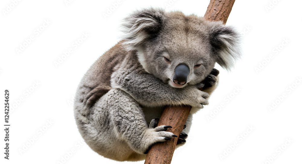 sleepy koala clinging to an invisible tree branch, isolated against a bright white background sleepy koala clinging to an invisible tree branch, isolated against a bright white background