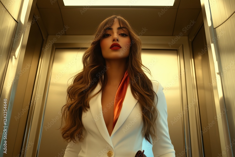 Fototapeta premium Close-up of a beautiful woman in a chic white suit with a confident expression, shot in an elevator