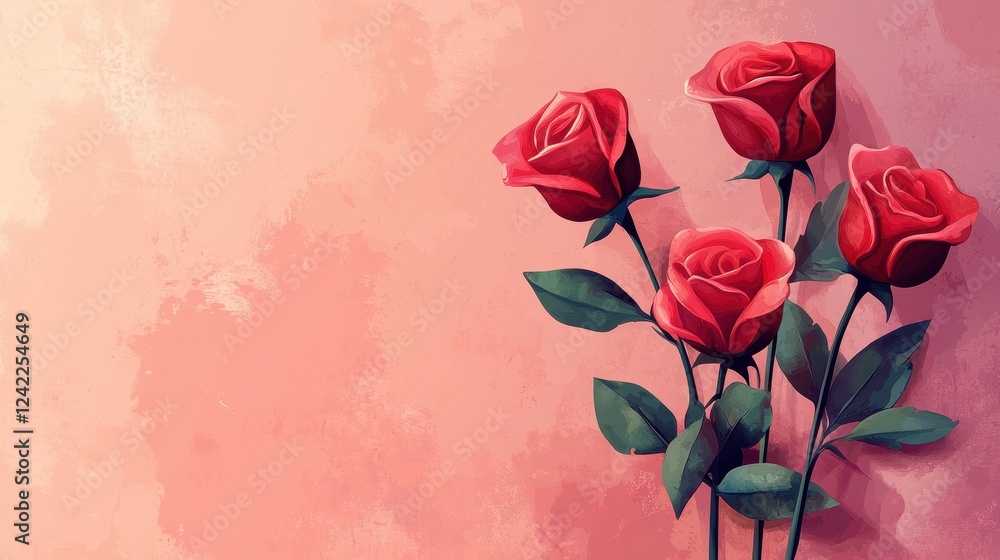 Obraz premium Four Red Roses Against A Pink Background