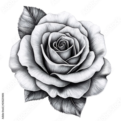 Monochrome rose drawing, detailed petals, studio shot, dark background, floral design isolated on white or transparent background