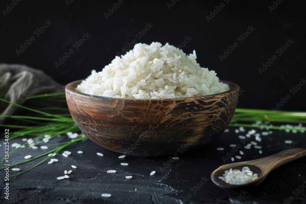 Cooked rice bowl, dark background, kitchen setting, food photography Cooked rice bowl, dark background, kitchen setting, food photography