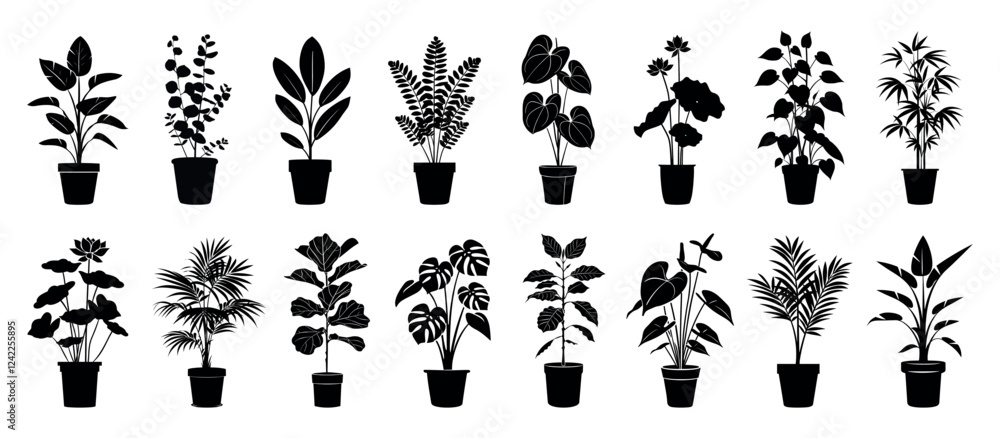 Fototapeta premium Silhouettes of various potted plants, isolated vector set