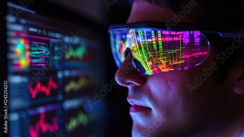 A medium closeup of a researcher in a lab coat intently observing the results from a highprecision spectrometer with colorful graphs and data projections reflecting on their protective photo