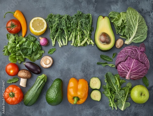 Fresh vegetables frame, gray background, healthy food, recipe photo