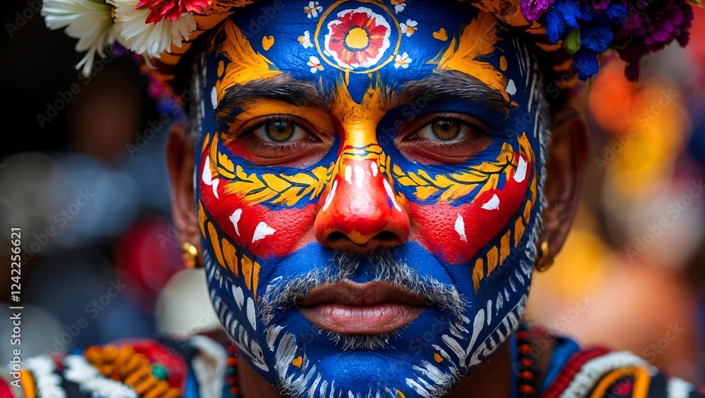 Vibrant face paint showcasing traditional patterns and colors Vibrant face paint showcasing traditional patterns and colors