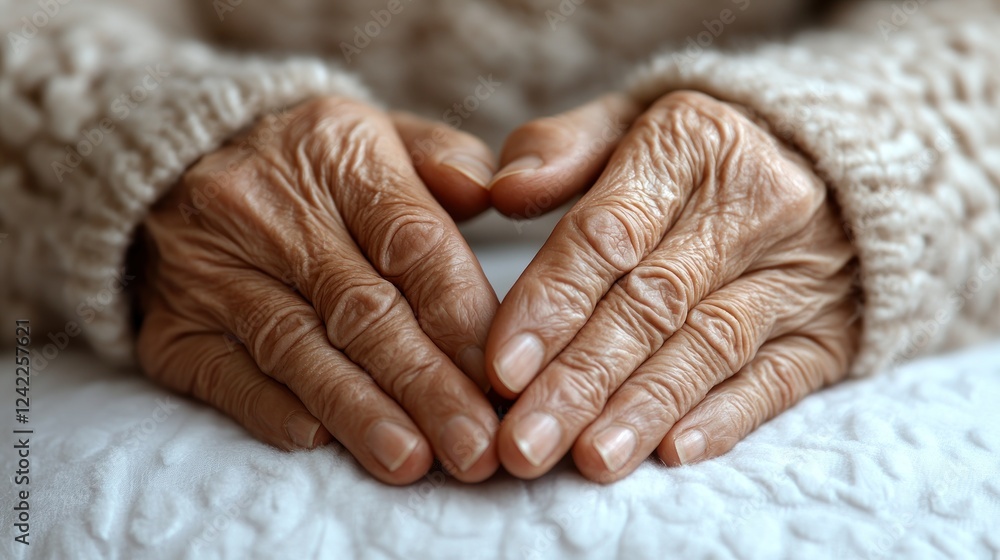 Fototapeta premium Elderly hands resting on soft white blanket. Peace, care, love, hope, aging