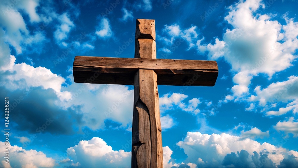 Wooden cross rising against blue sky and clouds Wooden cross rising against blue sky and clouds
