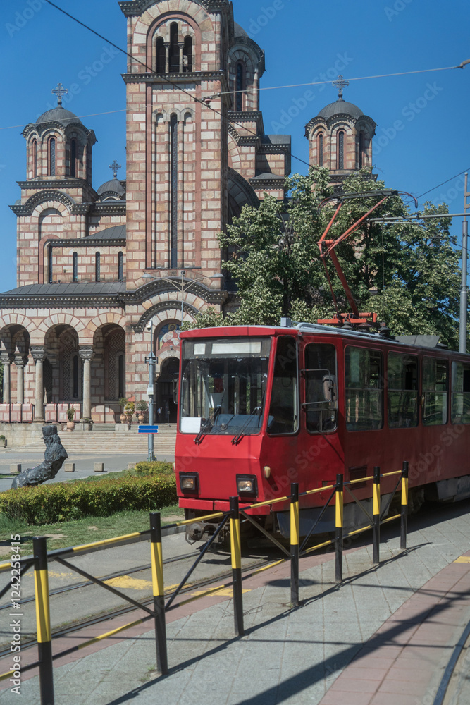 Naklejka premium St. Mark's Church or the Church of St. Mark and tram in old historical city center of Belgrade, Serbia at daytime