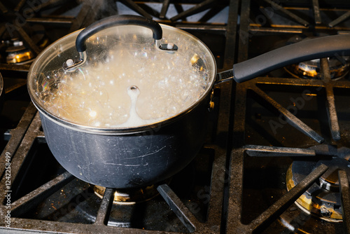 Simmering pot of rice on the stove with the lid on and steam rising