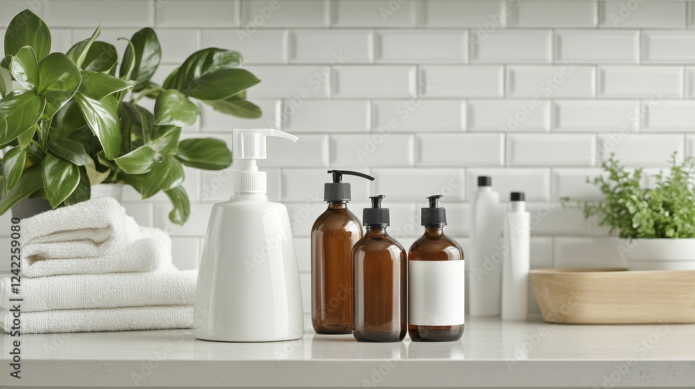 Modern Bathroom Countertop with Aromatherapy Essential Oils and Towels Modern Bathroom Countertop with Aromatherapy Essential Oils and Towels