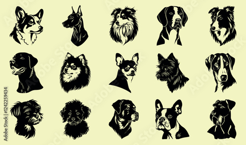 Stylized dog portraits collection, isolated vector set