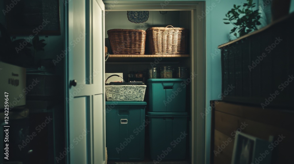Fototapeta premium Organized Storage Space with Baskets and Containers in a Cozy Room