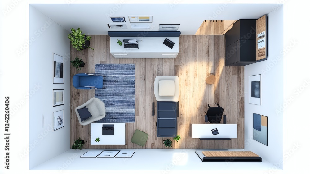 Modern Office Room Interior Design Bird's Eye View Modern Office Room Interior Design Bird's Eye View