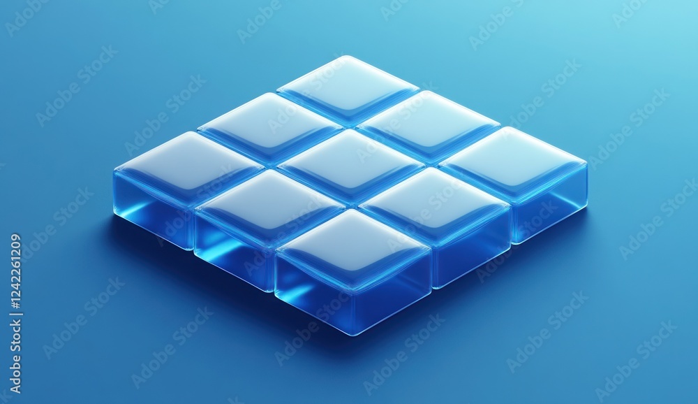 Nine translucent blue cubes arranged in a square on a blue background. Nine translucent blue cubes arranged in a square on a blue background.