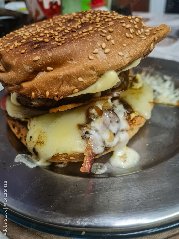 Close-up of a delicious hamburger with sesame seed bun, loaded with cheese and crispy bacon. The burger is freshly made, showcasing rich textures and appetizing details. Close-up of a delicious hamburger with sesame seed bun, loaded with cheese and crispy bacon. The burger is freshly made, showcasing rich textures and appetizing details.