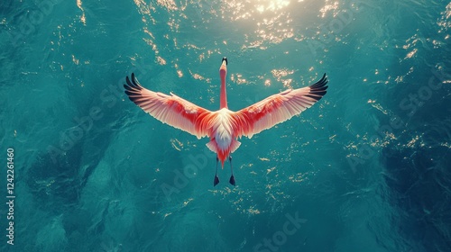 Pink flamingo in flight over turquoise water. (1)