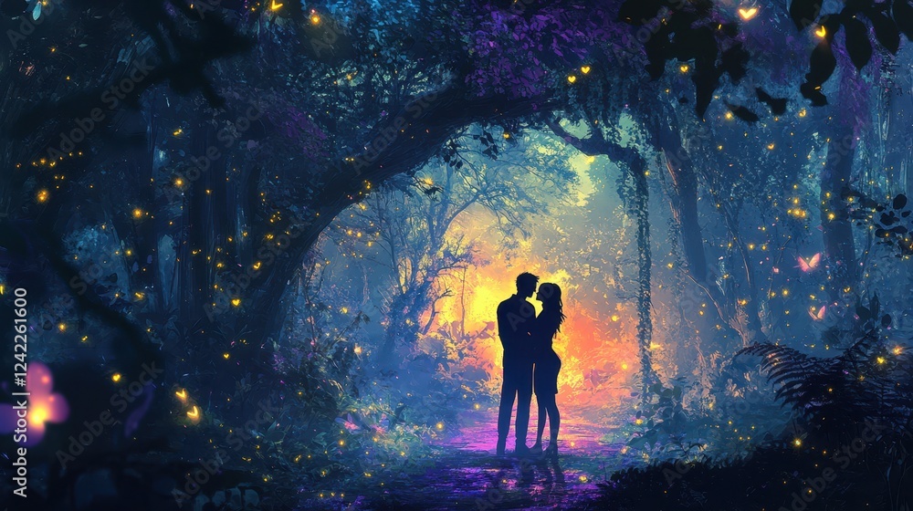 Enchanted Forest Couple Romantic Silhouette Firefly Night Enchanted Forest Couple Romantic Silhouette Firefly Night