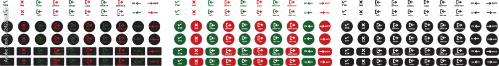Login and logout icon set Set of sign out, Sign in vector vector collection. Open and close door symbol. Black in, out, exit and enter arrow, trendy flat style isolated on transparent background. Login and logout icon set Set of sign out, Sign in vector vector collection. Open and close door symbol. Black in, out, exit and enter arrow, trendy flat style isolated on transparent background.