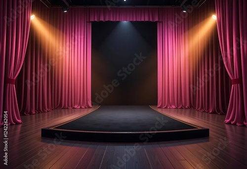 Empty Stage with Pink Curtains and Spotlights photo