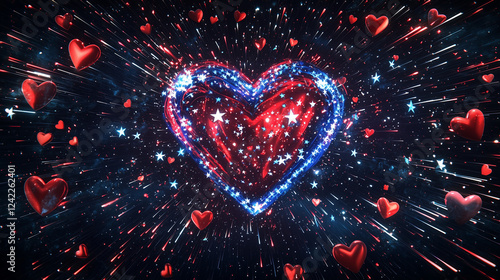 Obraz na płótnie burst of red white on blue independence day background a dynamic heart shape w salonie