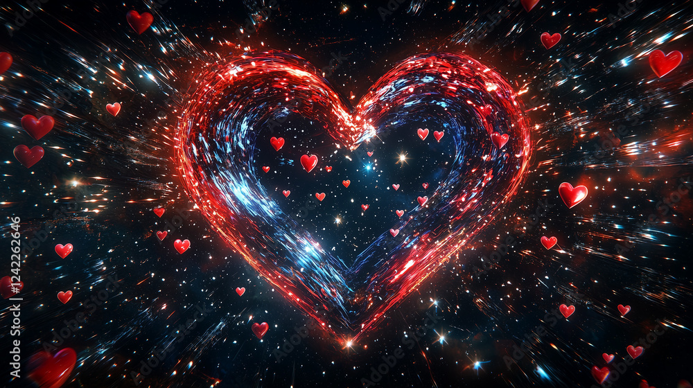 a dynamic heart shape burst of red white on blue independence day background