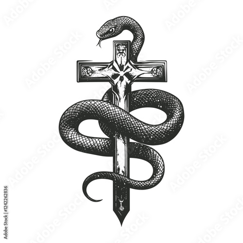 Cross with snake tattoo illustration design black vector