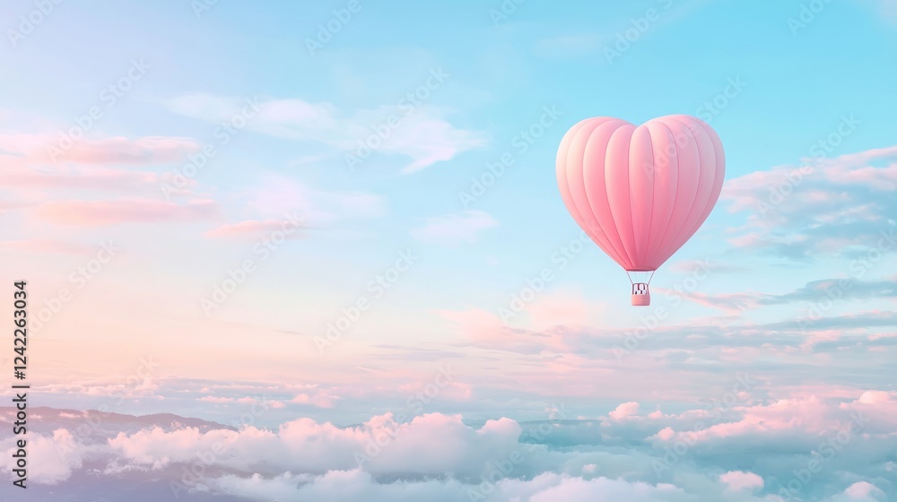 Obraz premium Heart-Shaped Hot Air Balloon Floating Above the Clouds at Dusk
