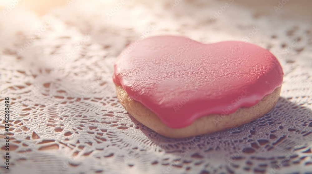 Fototapeta premium Freshly Baked Heart Shaped Cookie with Pink Icing on Lace Tablecloth