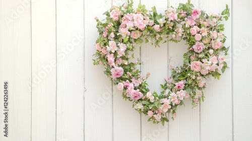 Heart-Shaped Wreath of Fresh Pink Flowers on White Wooden Wall