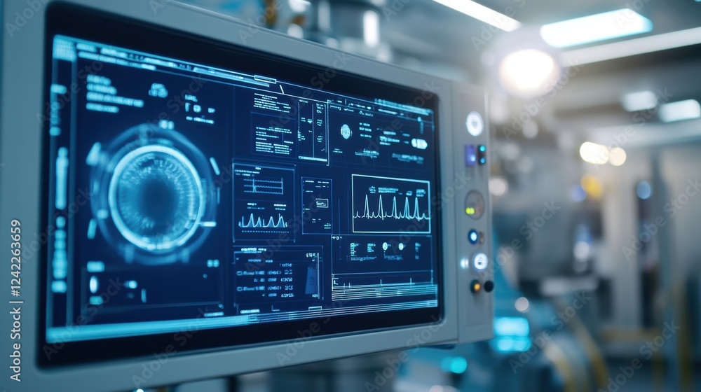 Futuristic medical monitor displaying various patient vital signs and data in a state of the art operating room, highlighting advanced technology and healthcare innovation Futuristic medical monitor displaying various patient vital signs and data in a state of the art operating room, highlighting advanced technology and healthcare innovation