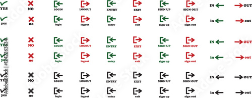 Login and logout icon set Set of sign out, Sign in vector vector collection. Open and close door symbol. Black in, out, exit and enter arrow, trendy flat style isolated on transparent background.