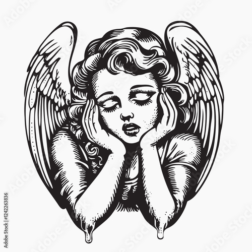 Vintage angel illustration art, old school tattoo vector