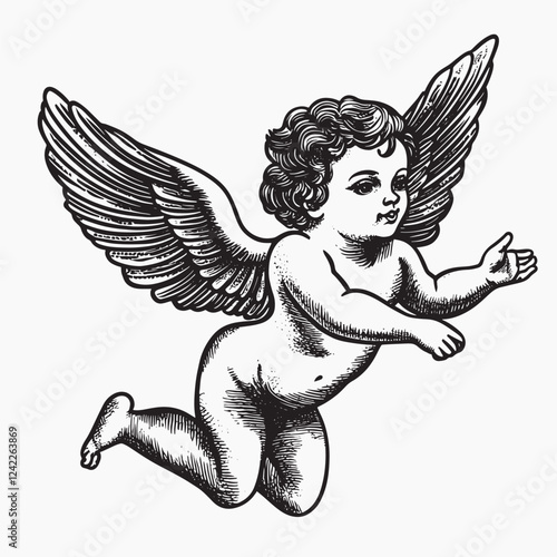 Vintage cherub illustration with wings, old school tattoo vector