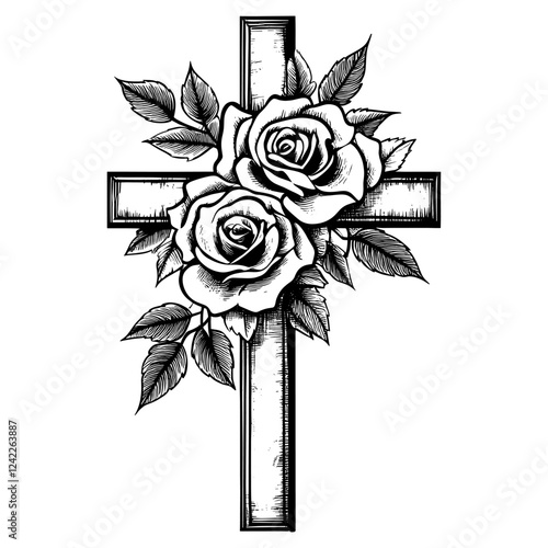 Christian cross with roses art illustration symbol vector