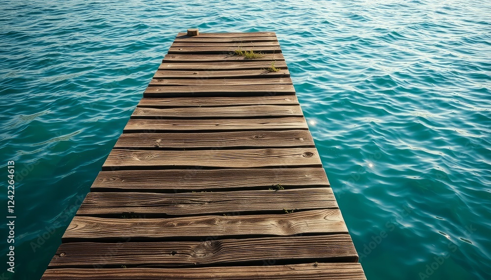 Fototapeta premium Rustic Wooden Dock Extending Over Teal Lake Water