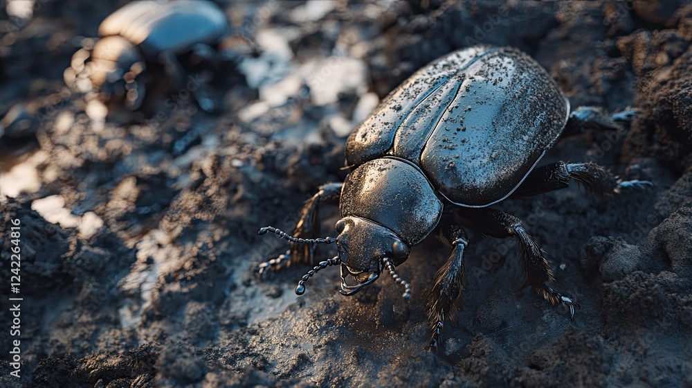 Detailed close-up of two black beetles crawling on dark soil ground Detailed close-up of two black beetles crawling on dark soil ground