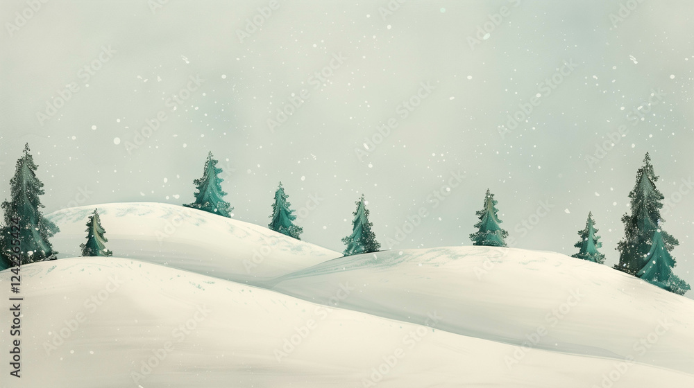 Fototapeta premium Snow-covered rolling hills and evergreen trees with gentle snowfall in tranquil winter landscape