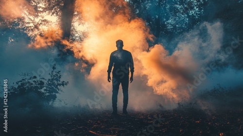 Silhouette of a man standing in front of a fiery background.