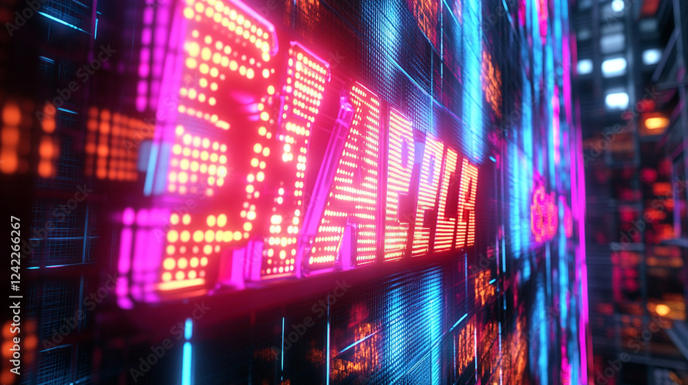 Naklejka premium Vibrant neon lights reflecting off a wet urban street, creating a dynamic and energetic city nightlife atmosphere with bold typography signage