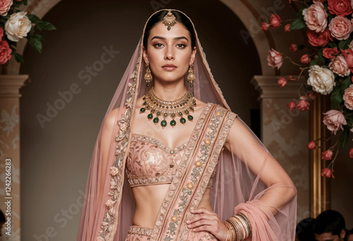 A bride in a peach embroidered lehenga, adorned with a stunning gold and emerald necklace, earrings, and maang tikka. Shes posed elegantly amidst roses.