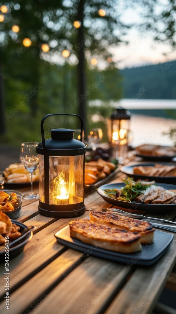 Cozy Outdoor Dinner Setting with Lantern and Tasty Dishes at Dusk Cozy Outdoor Dinner Setting with Lantern and Tasty Dishes at Dusk